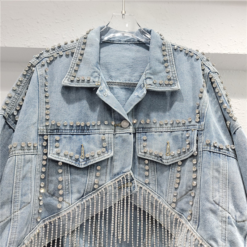 2024 Spring and Autumn New Heavy Industry Water Diamond Tassel Loose Front Short Rear Long Look Skinny Denim Coat Short Coat for Women 231122