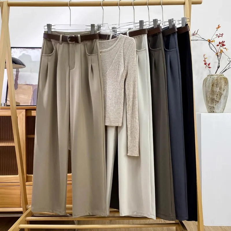 Elegant Womens High Waisted Suits Pants Spring Summer 5 Solid Colors Trousers with Pockets Casual Office Lady Pants 250421