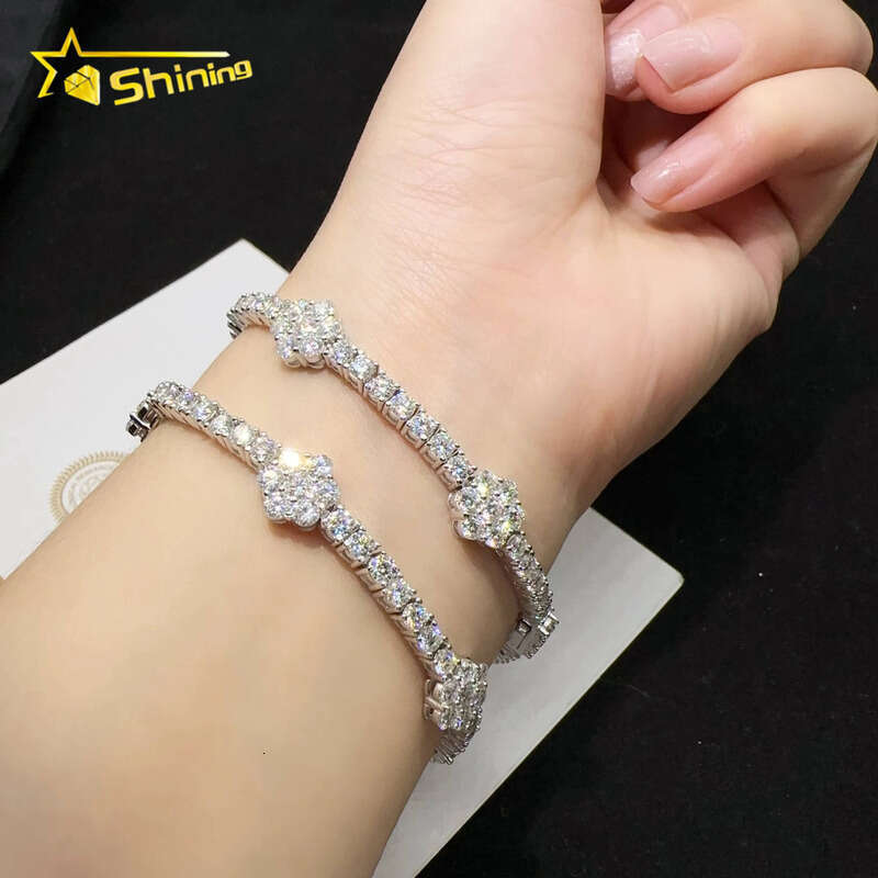Wholesale Price Flower Silver 925 Lab VVS Moissanite VVS Silicon Stone Hip Hop Iced Out Jewelry Tennis Chain Bracelet
