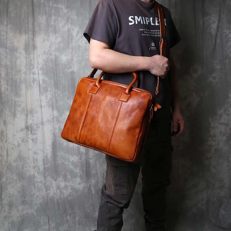 Pure Hand Rubbed Color Vegetable Tanned Head Layer Cowhide Men S Double Handbag Horizontal Genuine Leather Crossbody Briefcase Bag Bag
