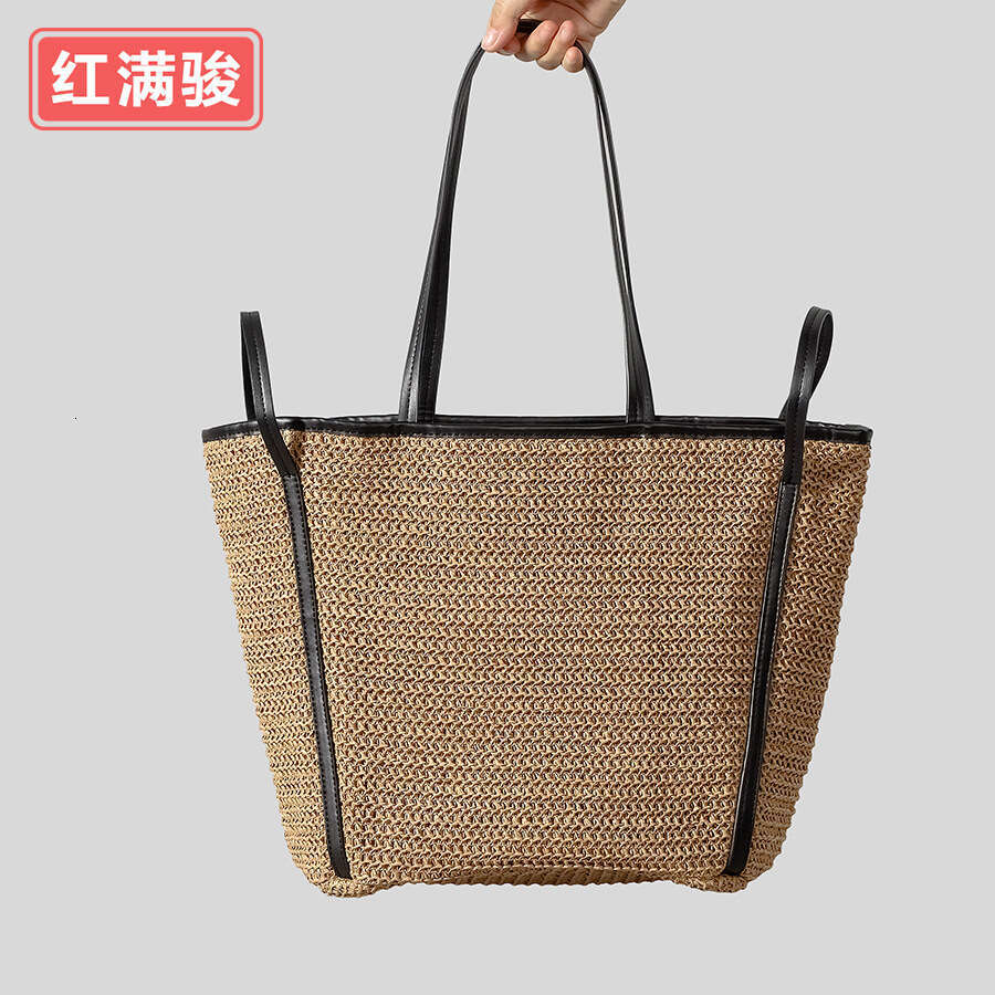 Ins Style Resort Beach Bag New Leather Shoulder Strap Contrasting Women S Large Capacity Seaside Vacation Style Bag Summer Grass Woven Bag KQ