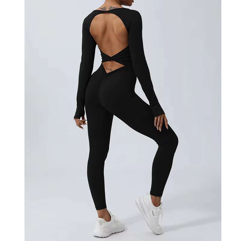 DHessentials Square Cut Collar Neck Slim Fit Black Long Sleeve With Thumb Hole Women Workout Yoga Jumpsuit
