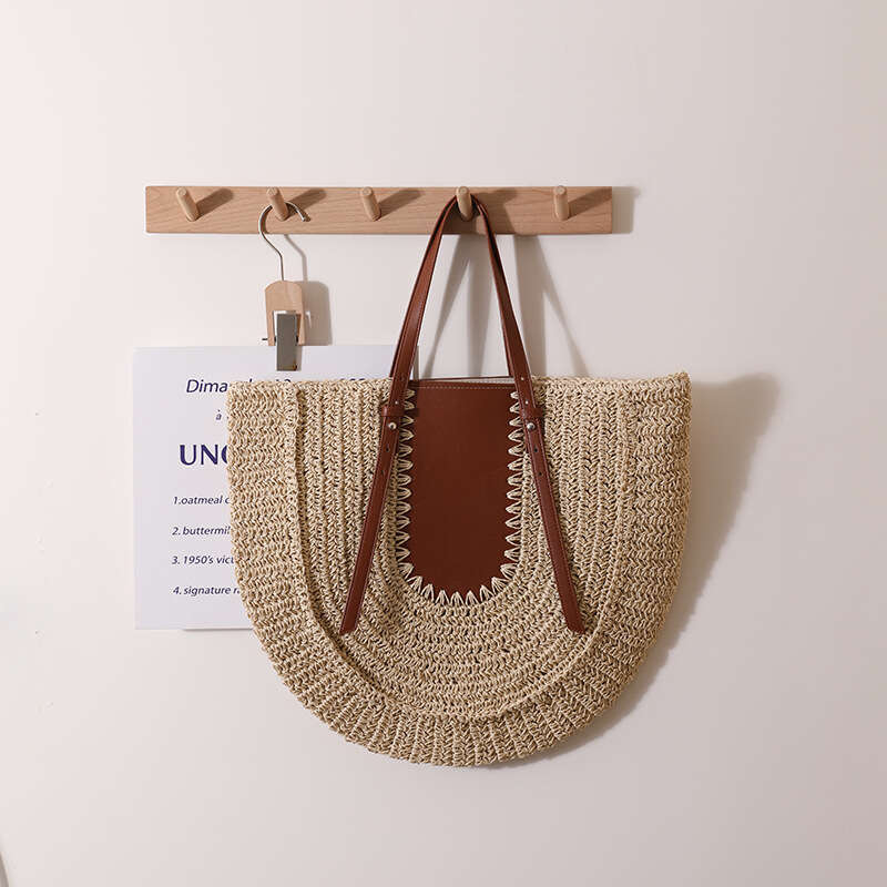 Ins Style Resort Beach Bag Half Circle Large Capacity French Single Shoulder Grass New Niche Splicing Hand Held Woven Bag Women S Beach Vacation Sand 