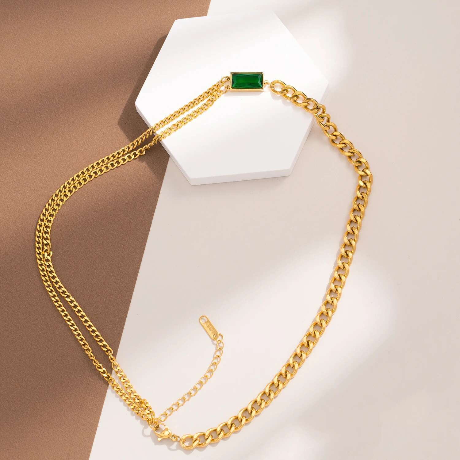 Classic Emerald Asymmetric Chain Women Stainless Steel Necklace for Daily Wear Jewelry