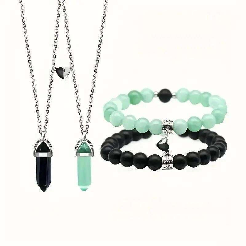 Jewelry Set 4-piece Natural Stone Couple Love Magnet Mutual Attraction Bracelet Hexagonal Column Necklace