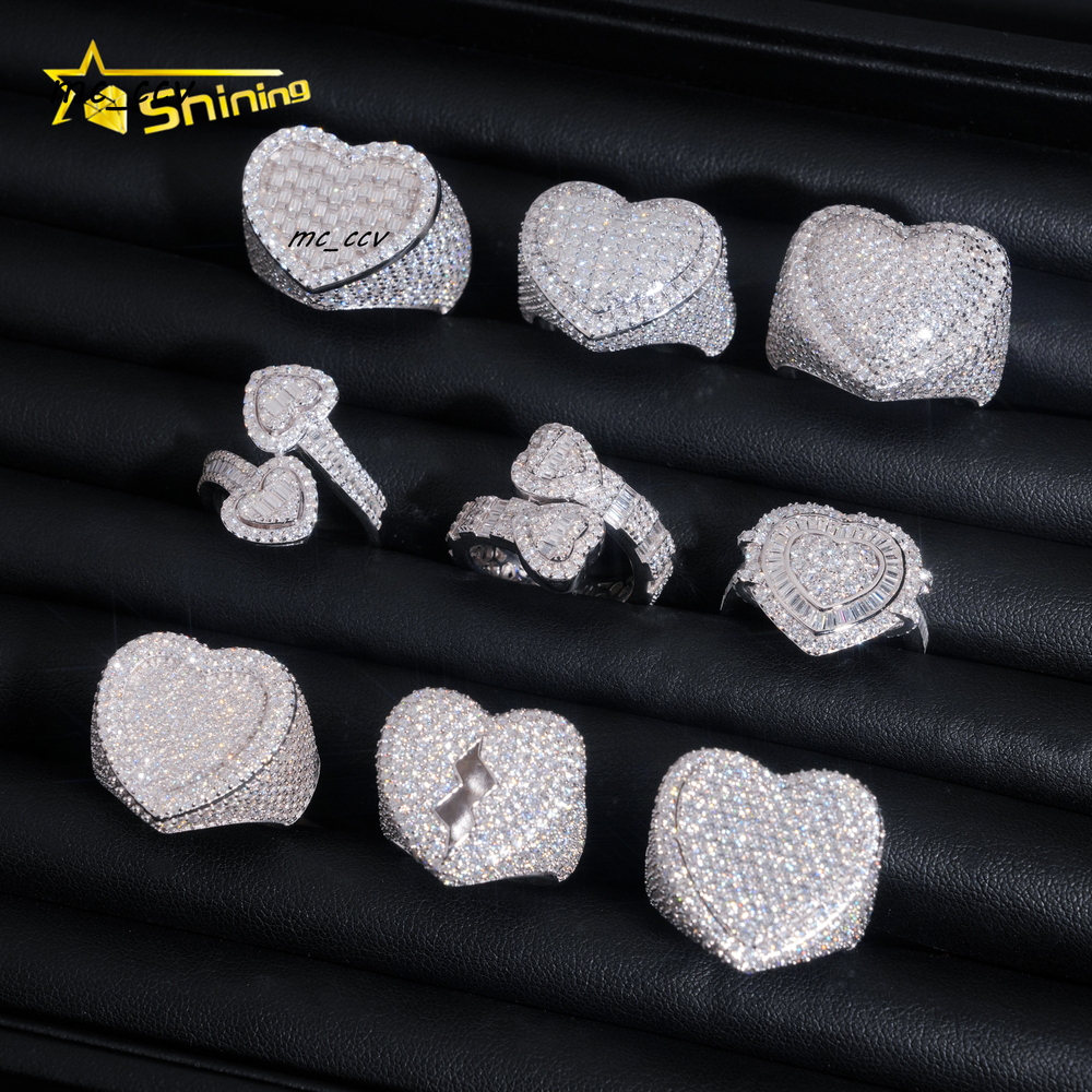 Stocks Fine Jewelry 925 Sterling Silver Gold Plated Ice Out Men Rings Heart Shape VVS Moissanite Hip Hop Ring