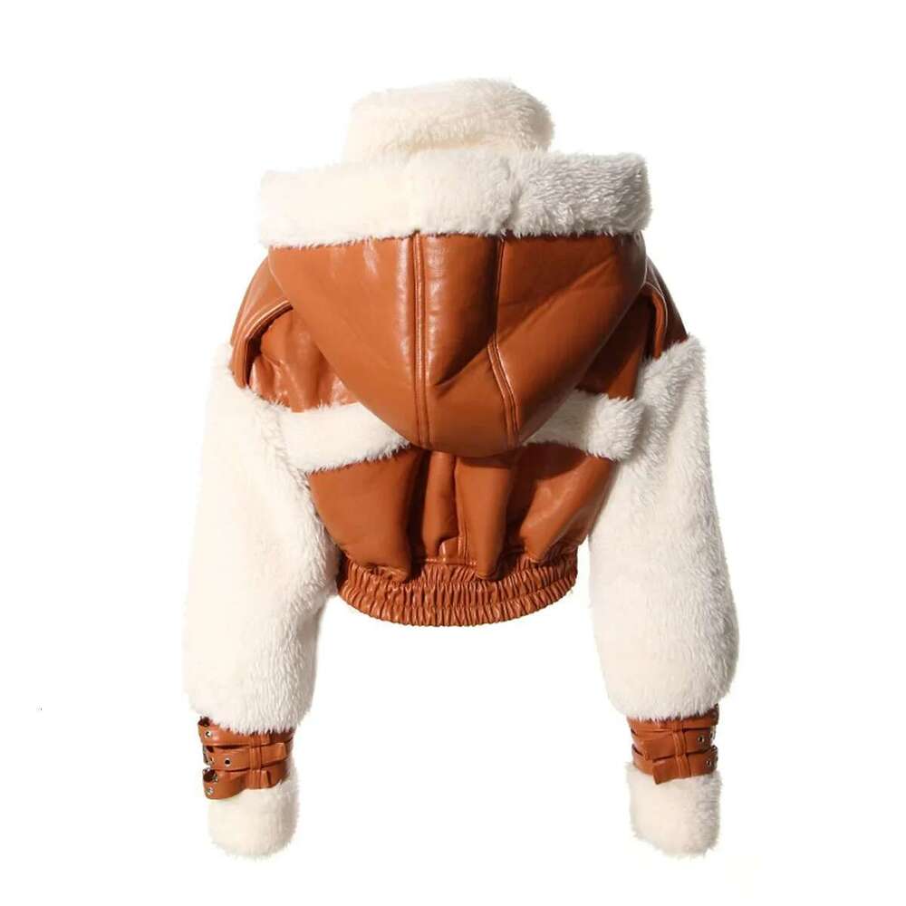 Lamb Wool Cropped Women's Winter American Style Vintage Color Blocking Hooded Motorcycle Jacket Top Thickened For Warmth
