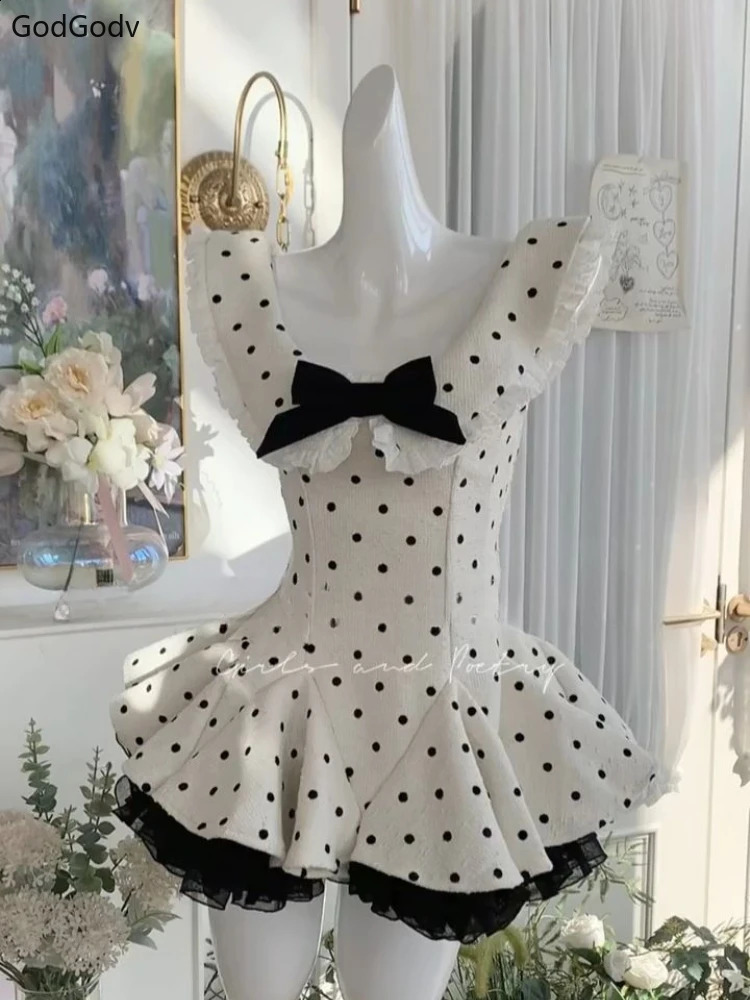 Summer Retro Elegant Woman Dress Y2k Polka Dot Bow Slim Sweet Mini Dress Female Korea Style Chic Sexy Party Outfits 250422