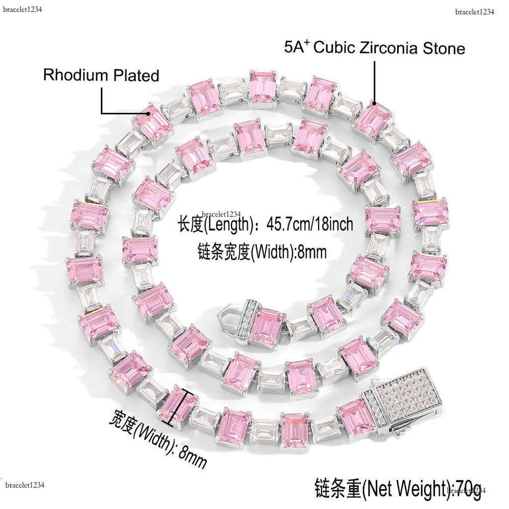 Luxury designer Pink square ice out VVS Moissanite tennis collarbone chain, hip hop necklace bracelet for men and women Free delivery