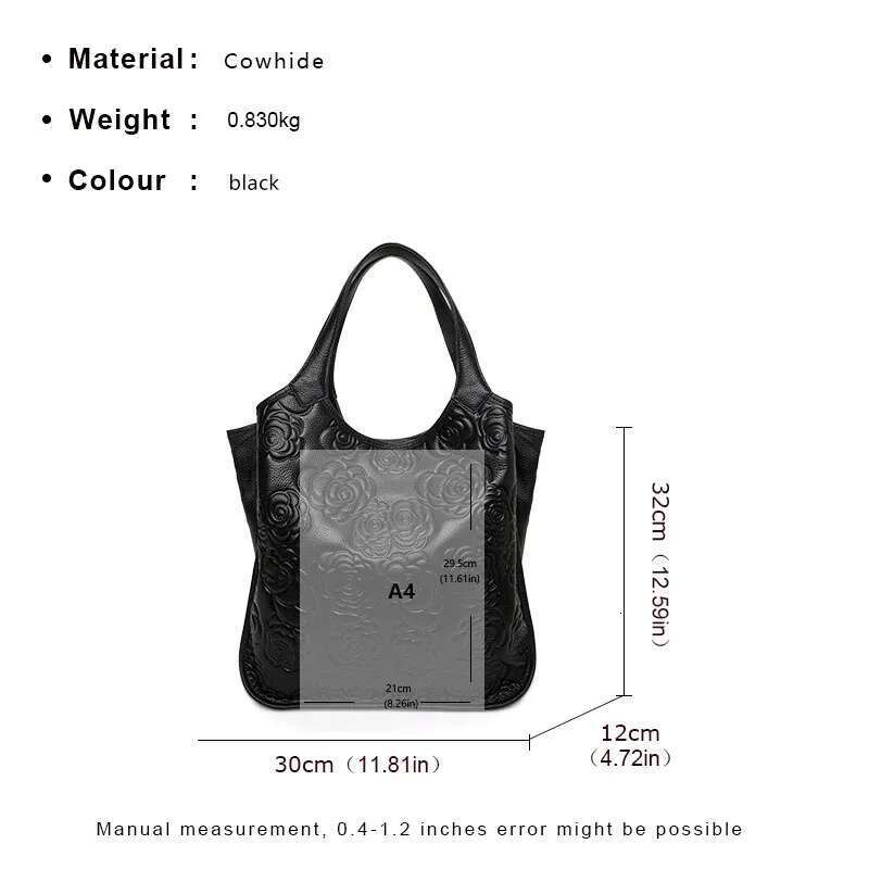 Aidrani Fashion Genuine Leather Emed Women's Handbag Large Capacity Black Cowhide Shoulder Bag