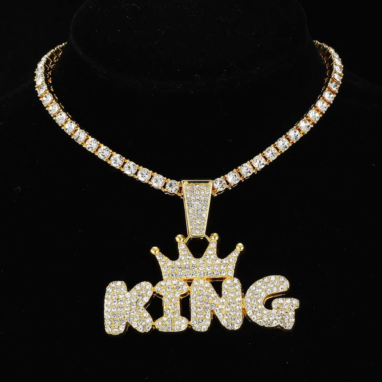 2023 Iced Out Cuban Chain Prong Chain Tennis Chain with Alloy and Bling Rhinestone Hip Hop King Letter Pendant Necklace