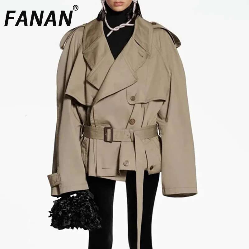 FANAN Fashion Women Cotton Trench Coat Lapel Raglan Sleeve Double Breasted Solid Color Short Windbreaker Autumn 2025 New