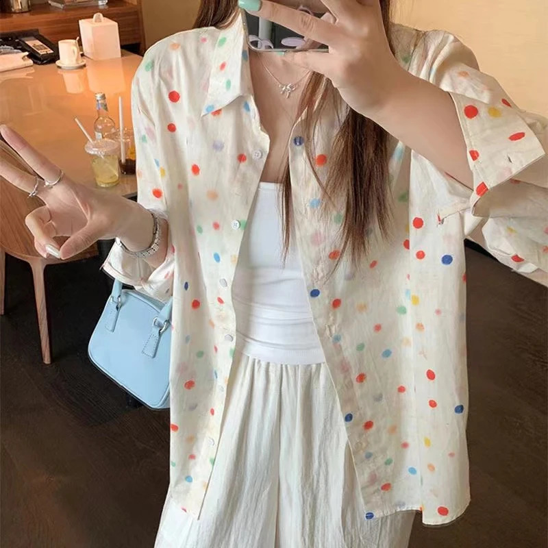 Fashion Polka Dot Printing Women Shirt Loose Sweet Casual Blouses Office Women Summer Long Sleeve Sunscreen Lady Tops Clothes 250421