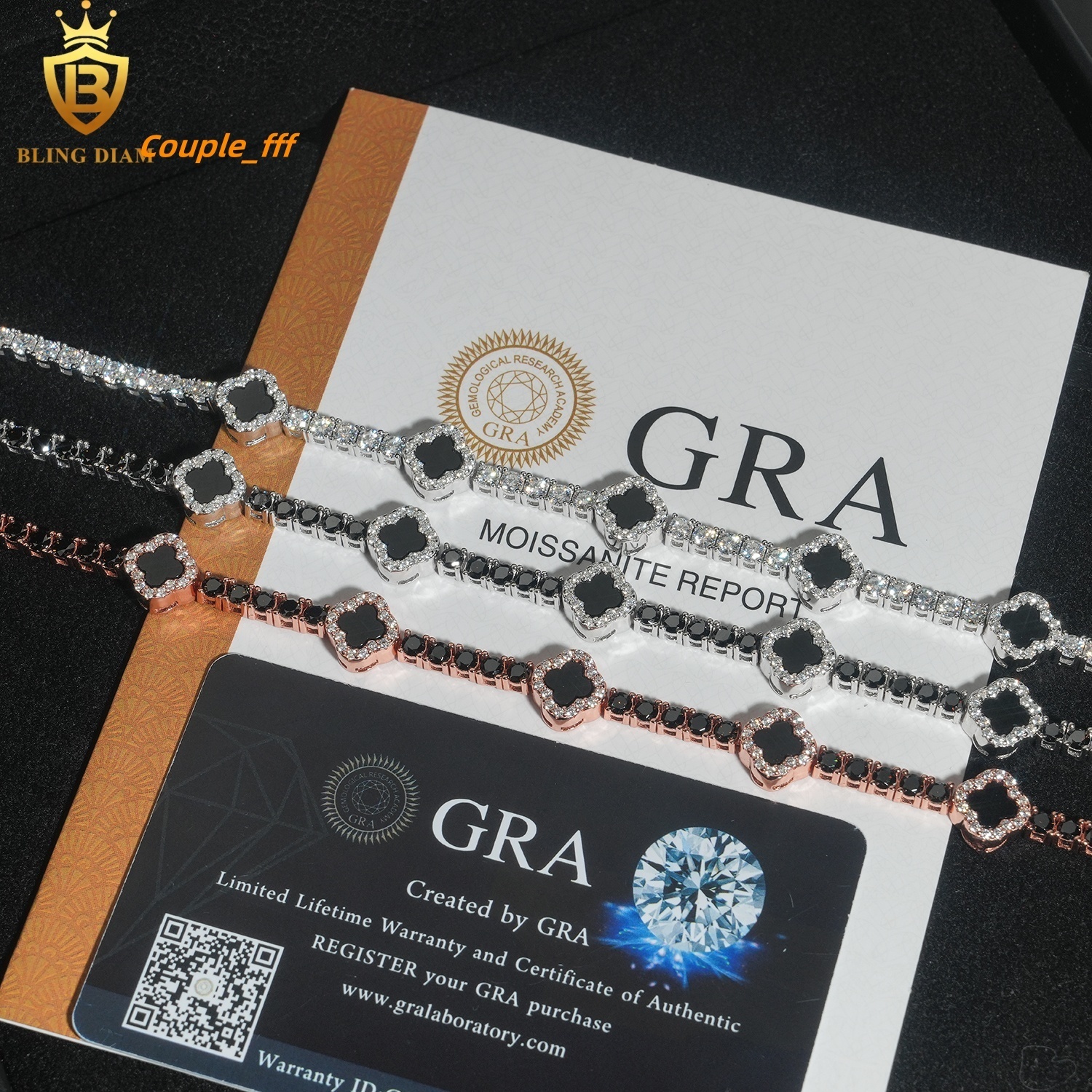 3mm New Design 925 Sterling Silver Vvs Black Moissanite Clover Tennis Chain Bracelets Gra Certificate