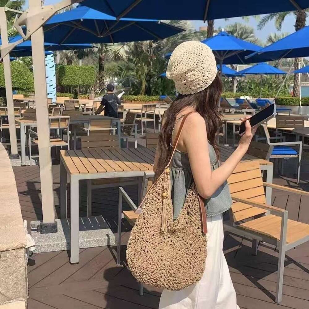 Ins Style Resort Beach Bag Summer New Wax Rope Woven Large Capacity Water Bucket Seaside Vacation Tote Bag Lazy Style Fashionable Big Bag KQ