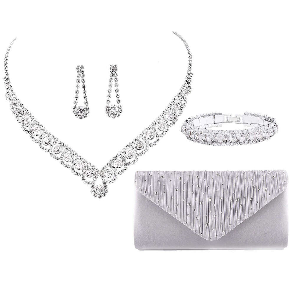 Bridal Jewelry Set Of Four Blue Zircon Necklaces, Earrings, Bracelets, Satin Hot Diamonds, Handheld Bag, Dinner Bag