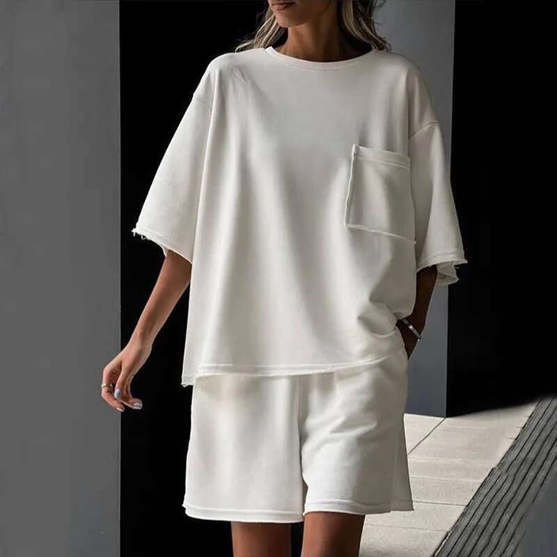 Women's 2 Set Summer Short Sleeve Round Neck Loose T-Shirt Top Wide Leg Shorts Suit Two Piece Oversized Outfits