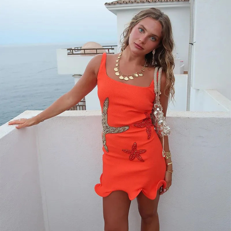 Casual Dresses 2025 Fashion Woman Blue Starfish Satin Strap Mini Sexy Backless Sleeveless Evening Dress Elegant Lady Party Vestidos