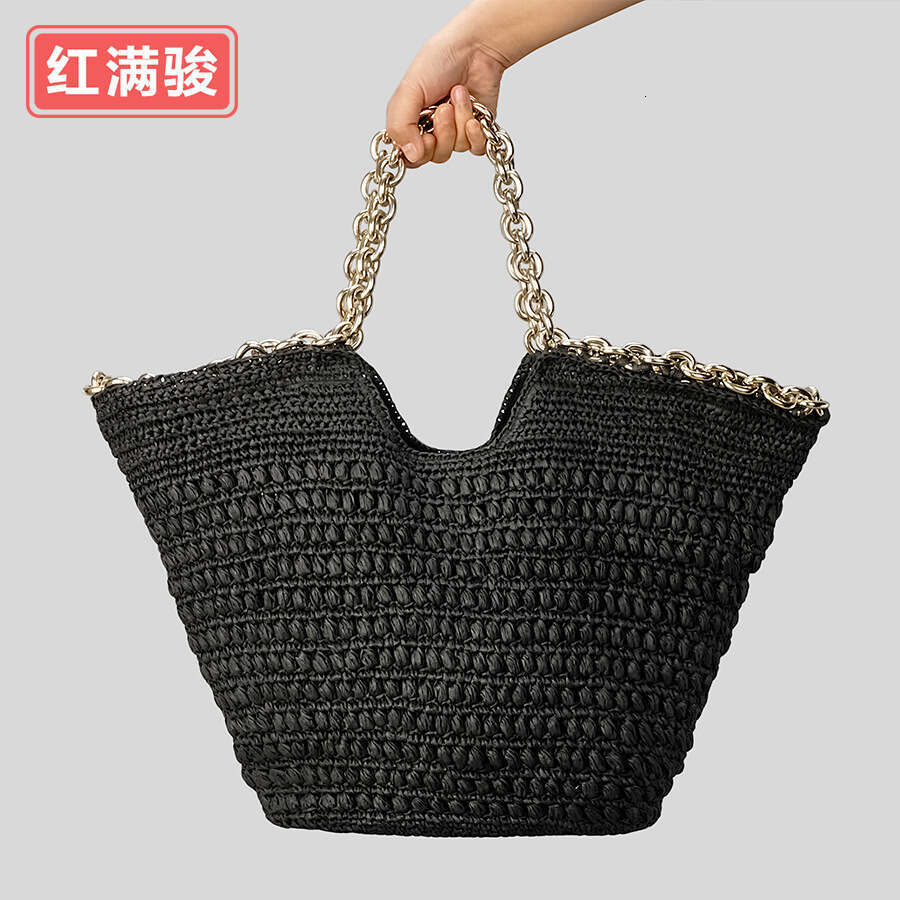 Ins Style Resort Beach Bag Handmade Paper Rope Woven Tote Bag Women S Niche Hardware Chain Handbag Beach Vacation Shoulder Bag KQ