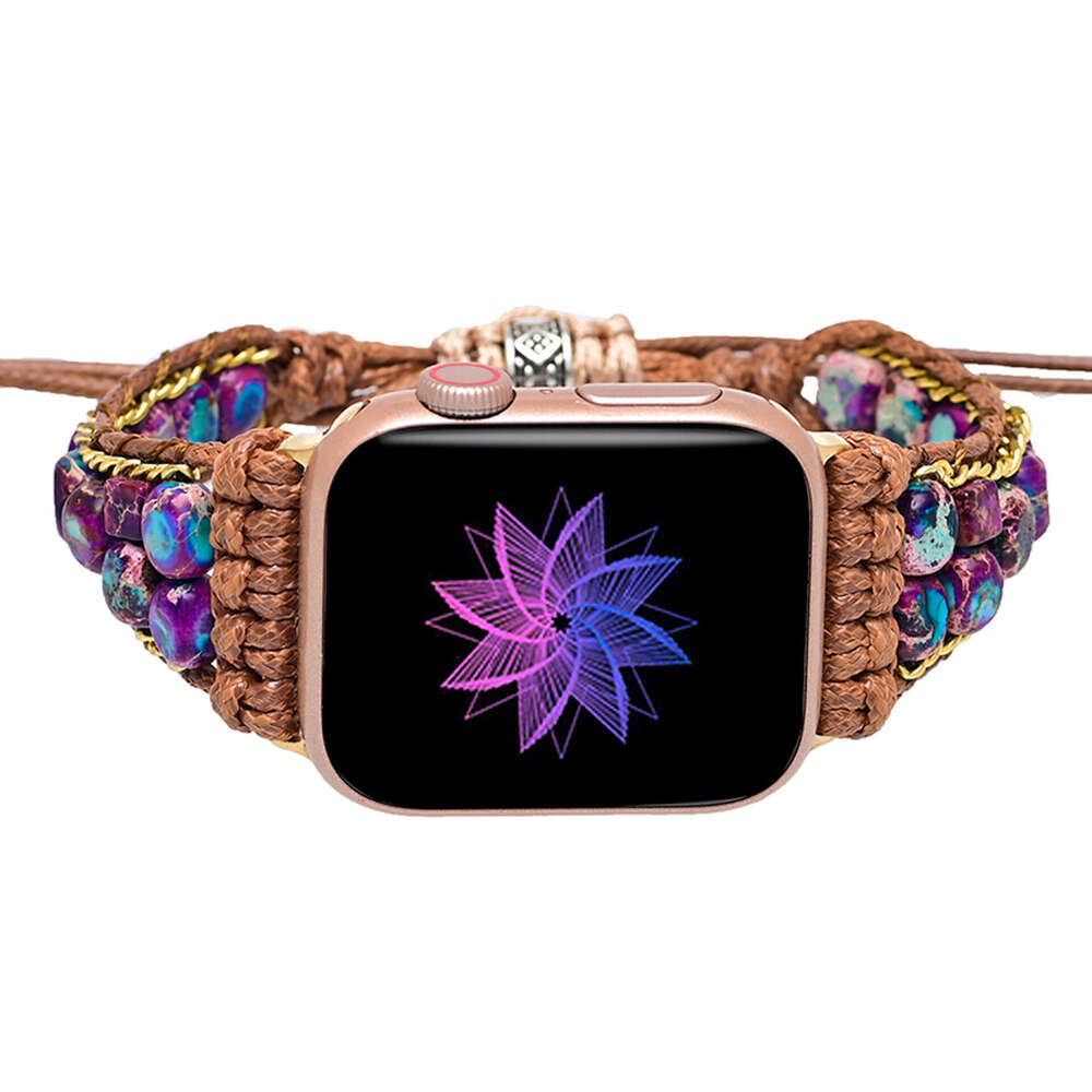 Deep Blue Purple Flower Emperor Stone Beads Handmade Woven with Bohemian Apple Watch Strap