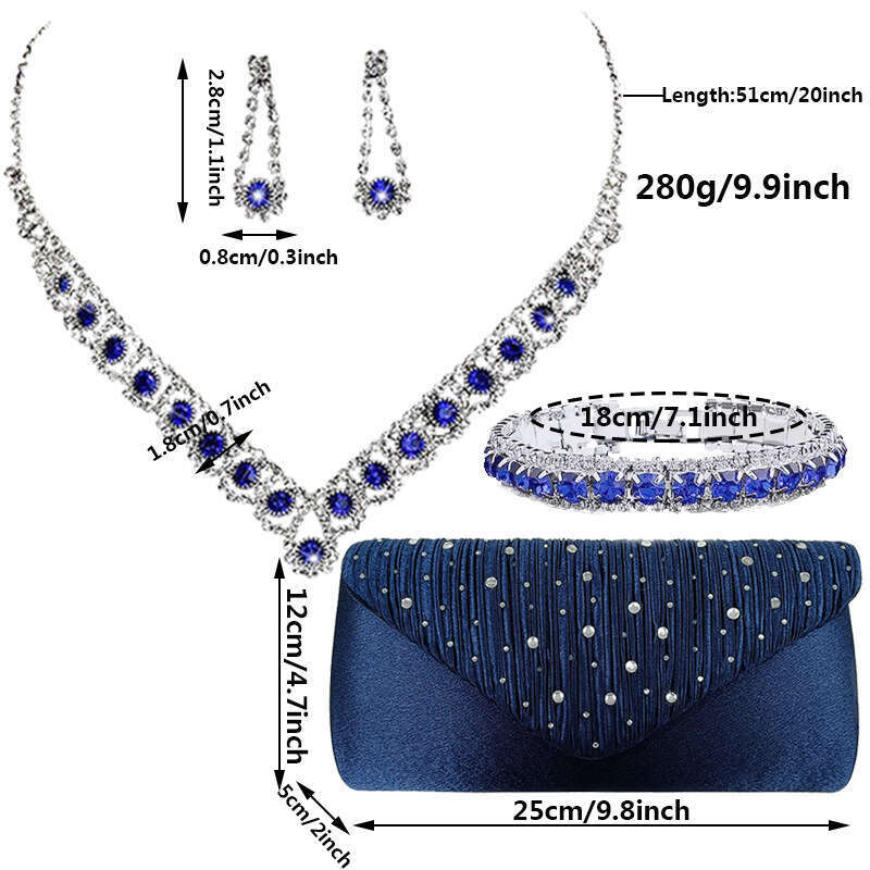 Bridal Jewelry Set Of Four Blue Zircon Necklaces, Earrings, Bracelets, Satin Hot Diamonds, Handheld Bag, Dinner Bag