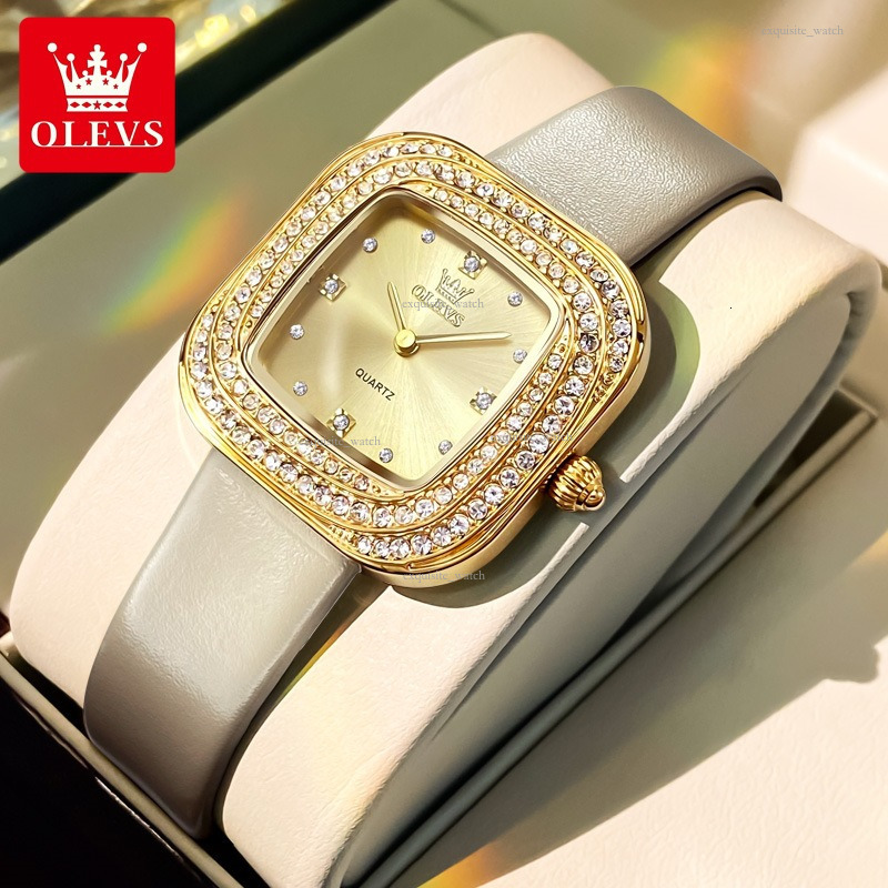 OLEVS Brand Designer Women's Casual Luxury Square Diamond Ring Fashionable Leather Strap Quartz Waterproof Luminous Women's Watch Free Deliv