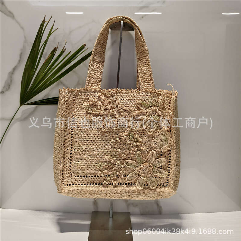 Ins Style Resort Beach Bag New French Lafite Grass Hand Woven Flower Bucket Bag For Women S Beach Vacation Single Shoulder Handbag KQ