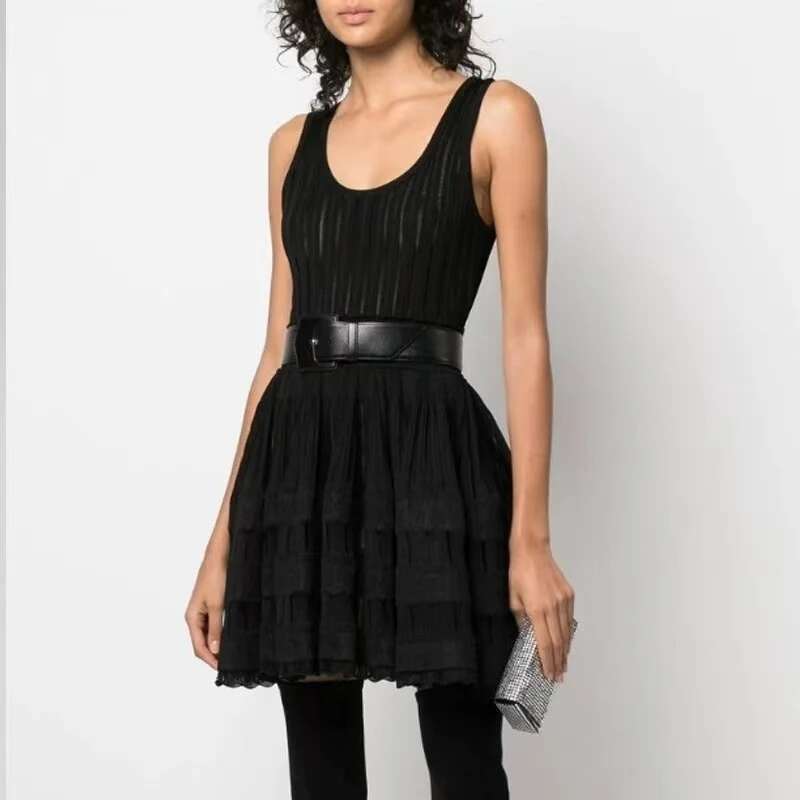 Summer 2025 Slim Fit Elastic Pleated High Quality Fashioncasual Folded Hollow Knitted U-Neck Strap Dress A-Line Mini Skirt