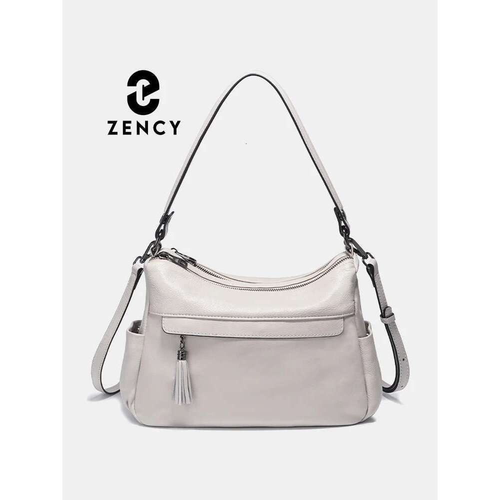Designer Bag Zency Beige 100% Genuine Leather Soft Hobo Shoulder Women's Handbags Trendy Crossbody Bag Tassel Designer Underarm Bags