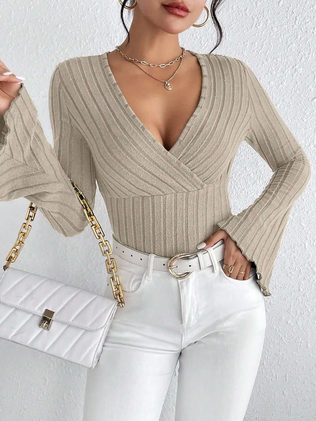 Fall And Winter V-Neck Sexy Slim Striped Women's Tops, Long-Sleeved T-Shirt Knitted Bottoming Shirt