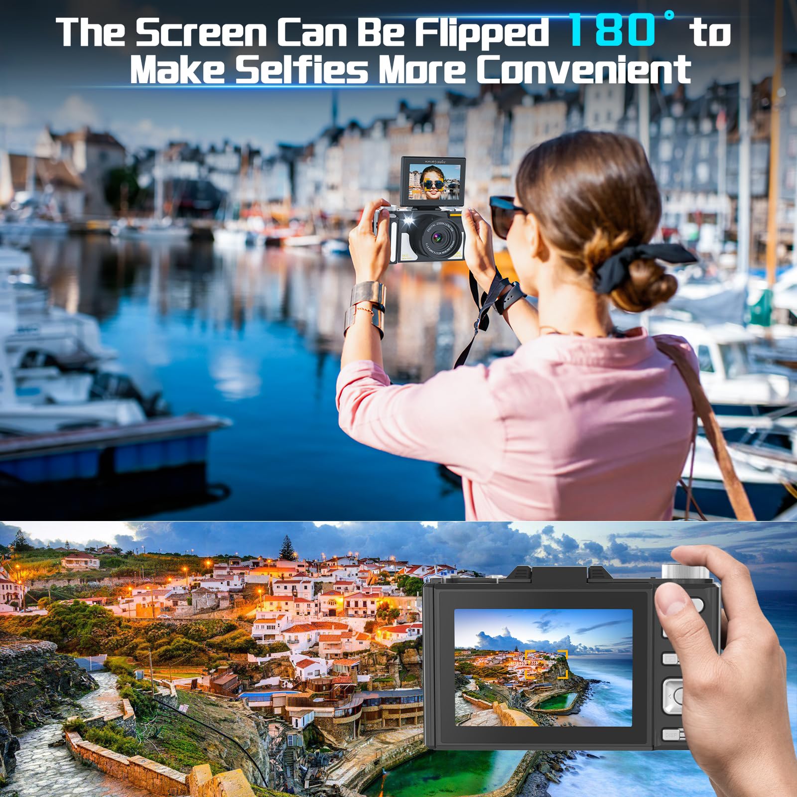 4K Digital Camera for Photography,Autofocus,64MP Vlog Camera for YouTube, 3" 180° Flip Screen, 20X Digital Zoom Point Compact Camera, with Flash 