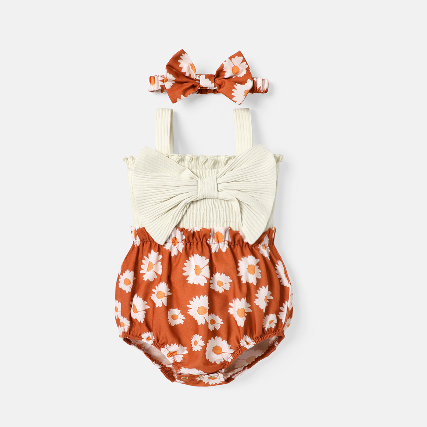 PatPat 2pcs Baby Girl Solid & Floral-print Spliced Bow Front Sleeveless Romper with Headband Set
