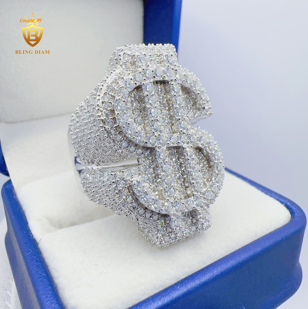Blingdiam Jewelry Custom Hip Hop Ring 925 Sterling Silver VVS Moissanite Dollar Design Ring for Men