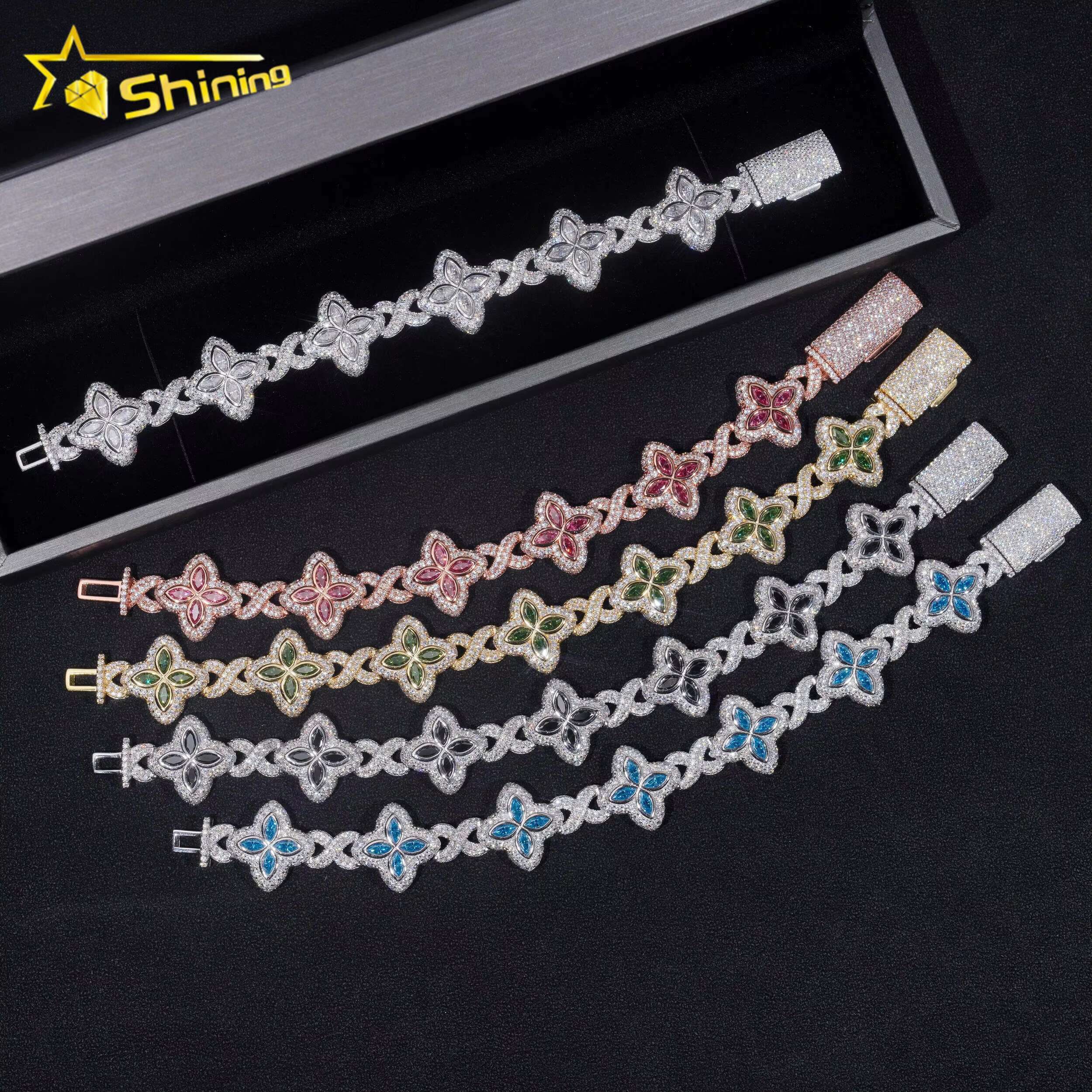 New Stocks Pass Diamond Tester Silver 925 Gold Plated Hip Hop Jewelry Custom Colored Moissanite Clover Cuban Bracelet
