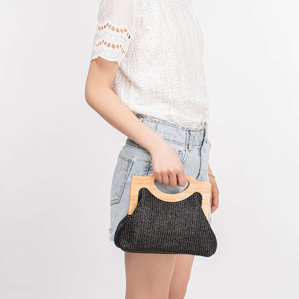 Ins Style Resort Beach Bag ENSPT Wooden Handle Grass Woven Vacation Handbag Beach Crossbody Shoulder Bag Women KQ