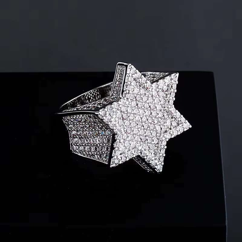 Fine Jewelry Ring Hip Hop Iced Out Mint Green VVS Moissanite Rings Full of Gemstones Hexagon Star Ring Men