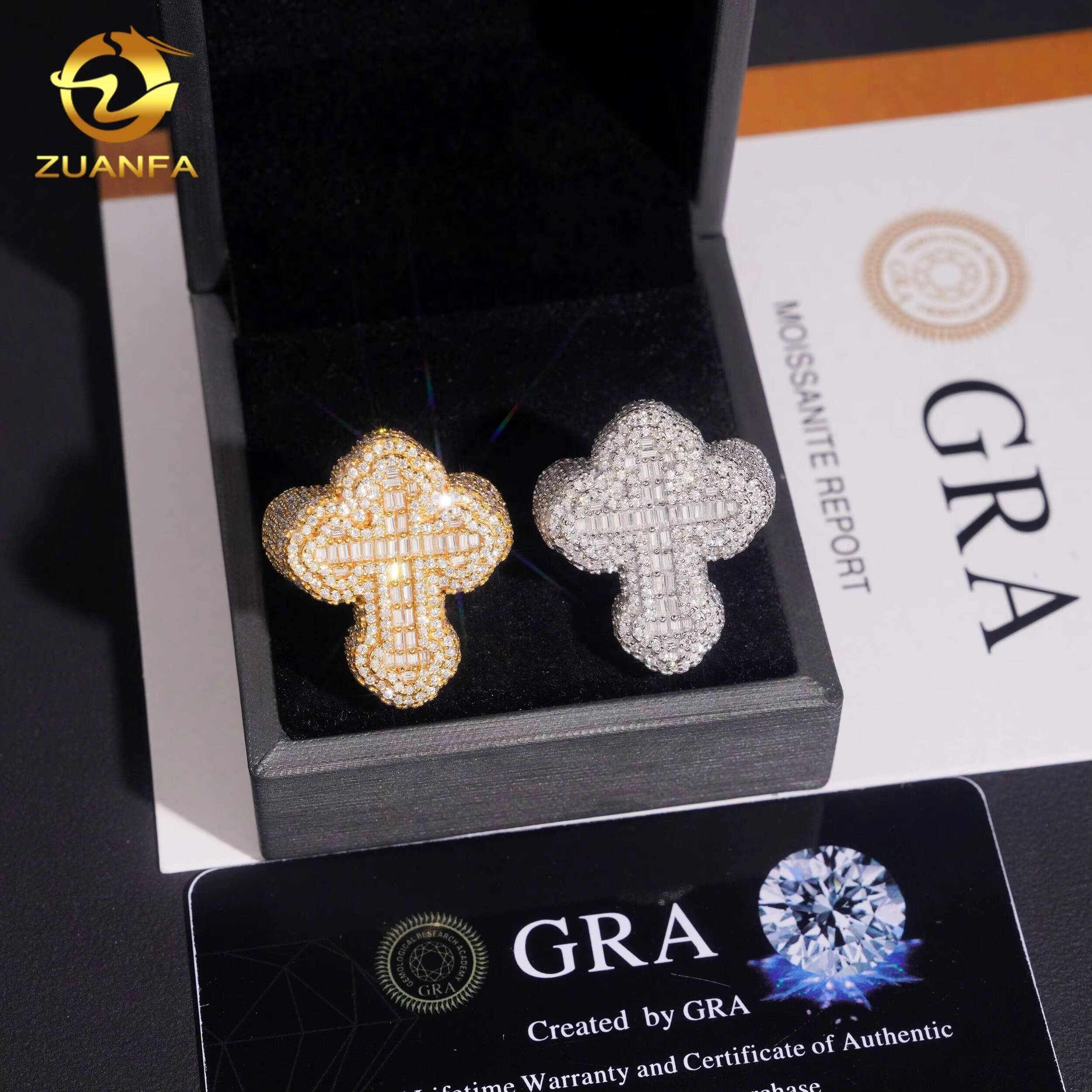 New Style 925 Sterling Silver Hip Hop Gold Plated Mens Iced Out Cross VVS Moissanite Ring
