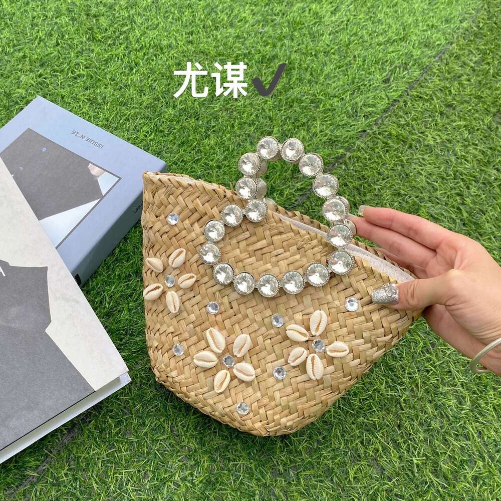 Ins Style Resort Beach Bag Vacation Beach Weaving Grass Woven Vegetable Basket Shining Diamond Love Flower Shell Water Bucket Hand Carrying Crossbody 