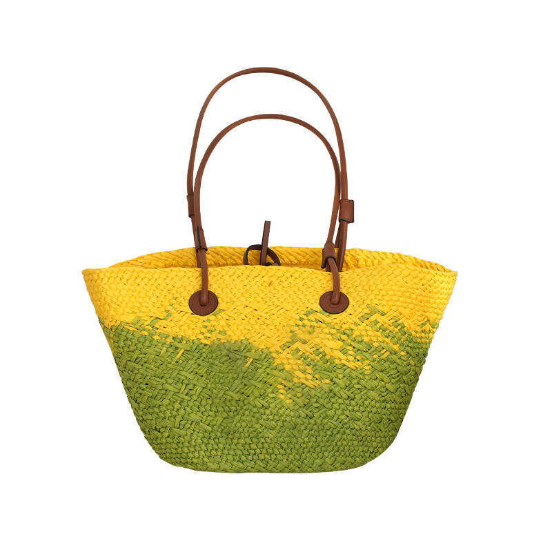 Ins Style Resort Beach Bag Ins Style New Large Capacity Shoulder Vegetable Basket Colorful Gradient Seaside Vacation Beach Bag Grass Woven Bag KQ