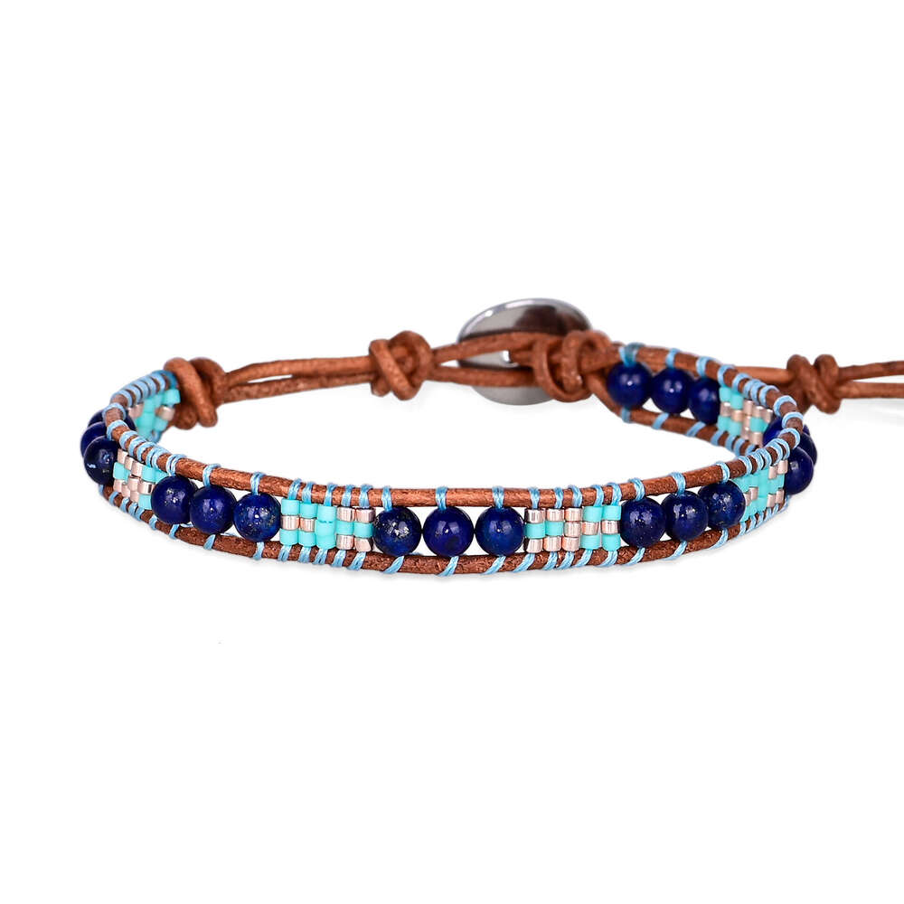 New single-layer minimalist blue gold stone rice bead Bohemian style hand woven bracelet