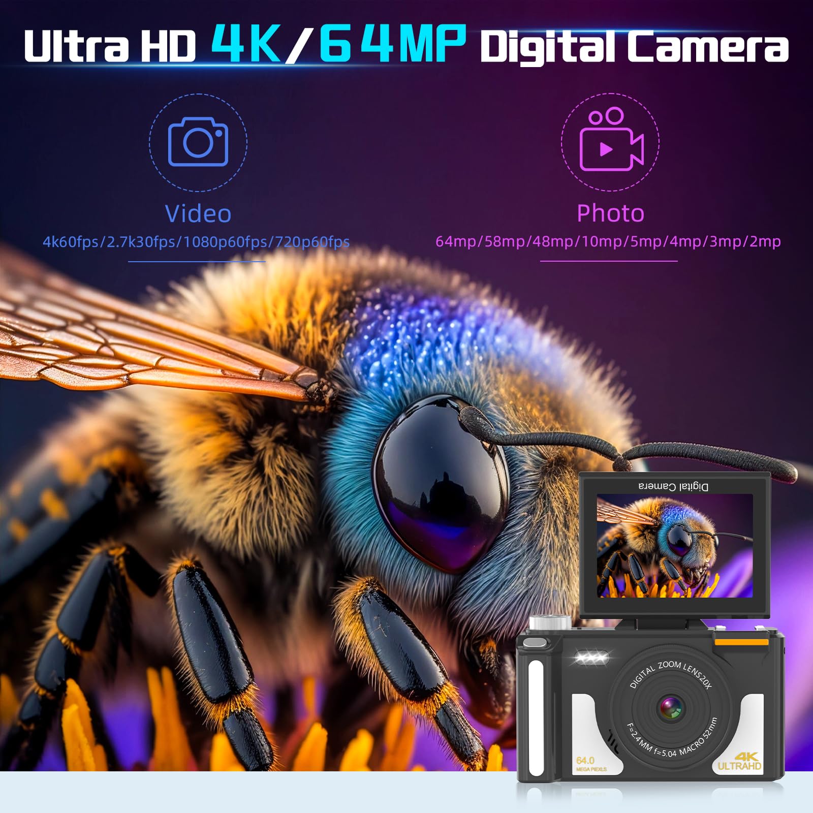 4K Digital Camera for Photography,Autofocus,64MP Vlog Camera for YouTube, 3" 180° Flip Screen, 20X Digital Zoom Point Compact Camera, with Flash 