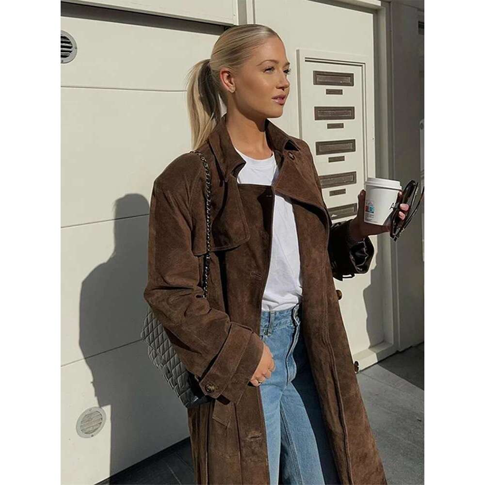 Designer Clothes Vintage Suede Long Women's Jacket Casual Lapel Single Breasted Lace Up Coats Jackets Autumn Fashion Women Coat Retro Outerwear