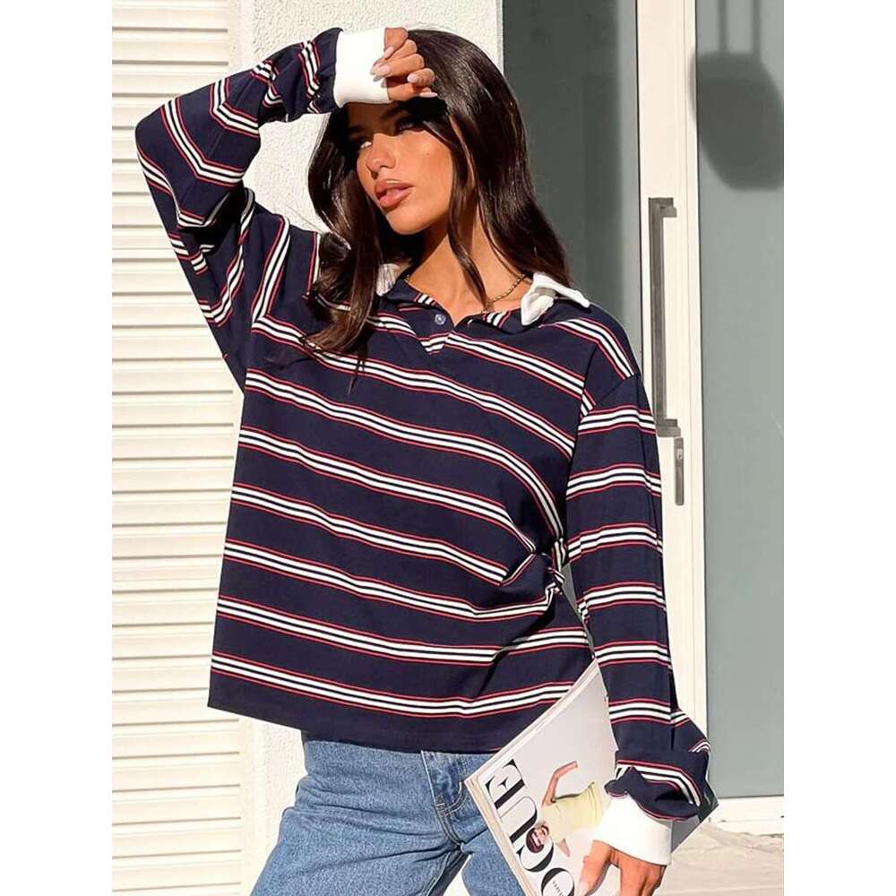 Designer Women's Clothing 2025 Spring New Striped T-Shirt Collar Long Sleeve T-Shirts Casual Fashion Top Shirt Designer's Bag
