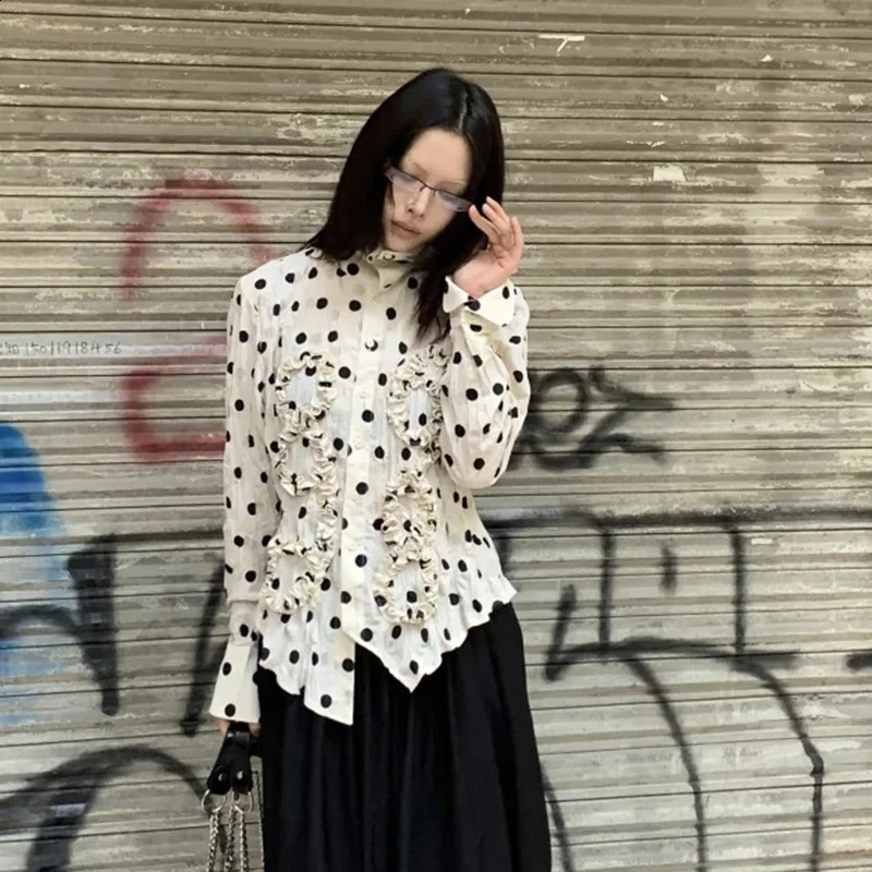 Tonns Y2k Aesthetic Polka Dot Shirt Women Floral Folds Blouse Japanese 2000s Shirt Casual Grunge Tops Streetwear Fairycore 250421