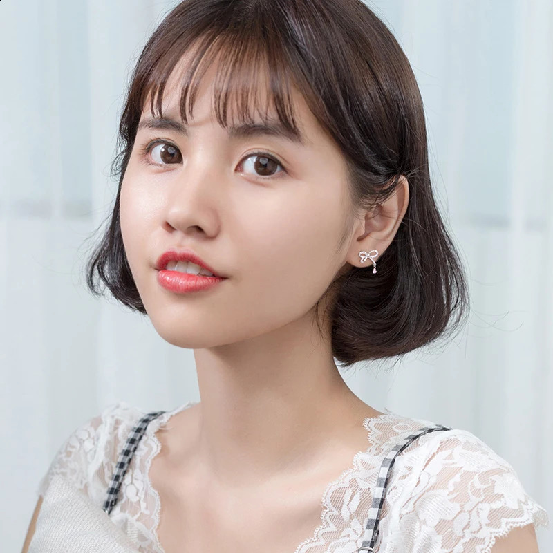 Modian elegant bow womens earrings pink crystal rose gold stud earrings 925 sterling silver jewelry accessories 250420