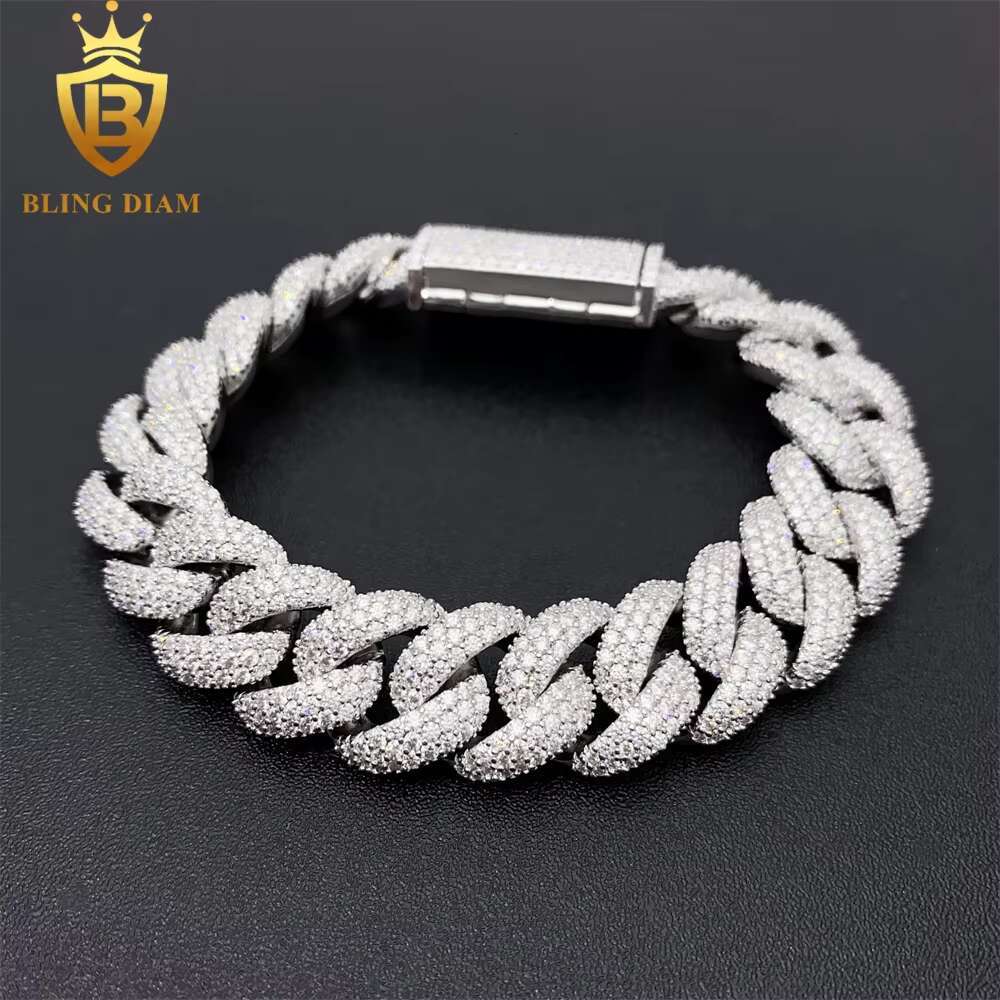3 Row Iced Out Hip Hop 15mm Cuban Link Chain Bracelet Necklace Sterling Sier VVS Moissanite Pass Dia Tester
