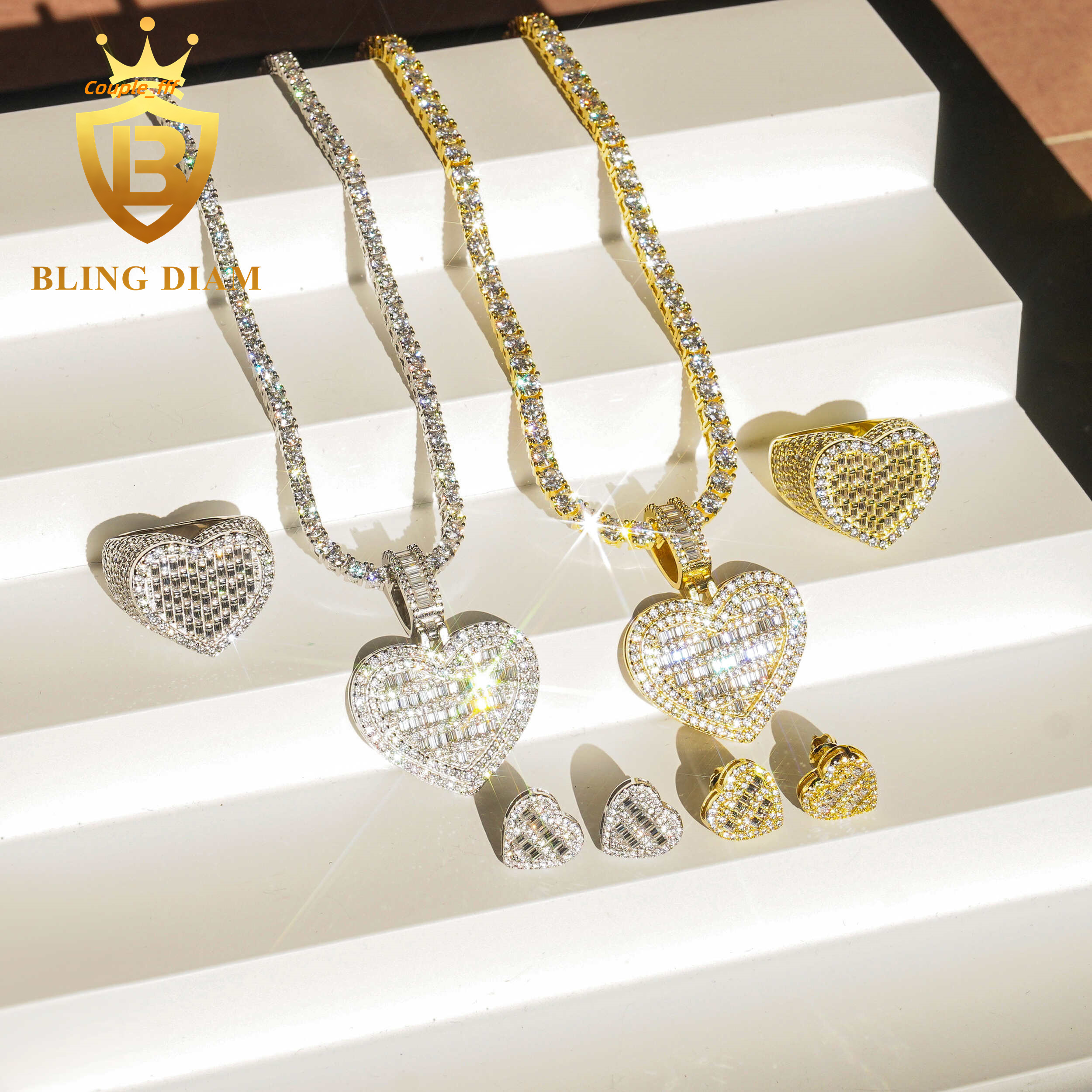 Moissanite Hip Hop Jewelry Luxury Heart Shape Pendant Earrings Cuban Ring Set Moissanite Custom Pendant 925 Silver Iced Out Gift