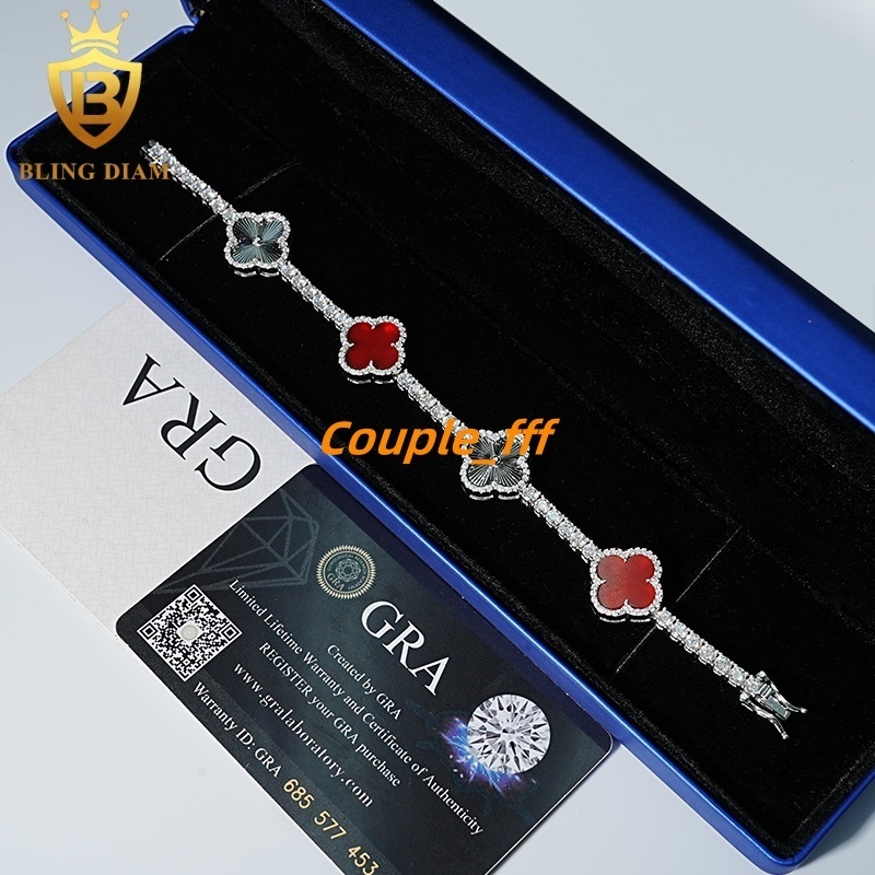 3mm Fashion Fine Jewelry Red Agate Four Leaf Clover Iced Out Moissanite Tennis Chian Bracelet