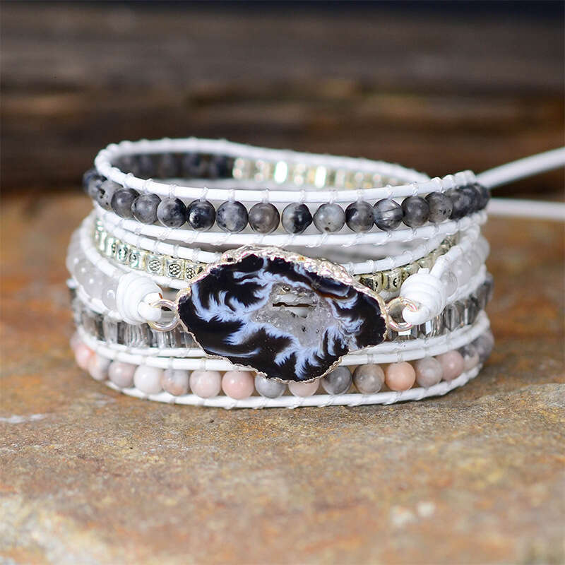 2021 hot selling white leather rope agate hand woven with multi-layer winding Bohemian style bracelet