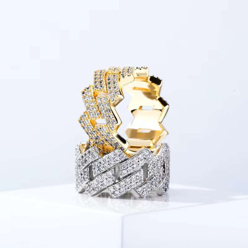 Custom Hip Hop Fashion Jewelry Rings 14K Gold Plated Brass Moissanite Cuban Rings for Men